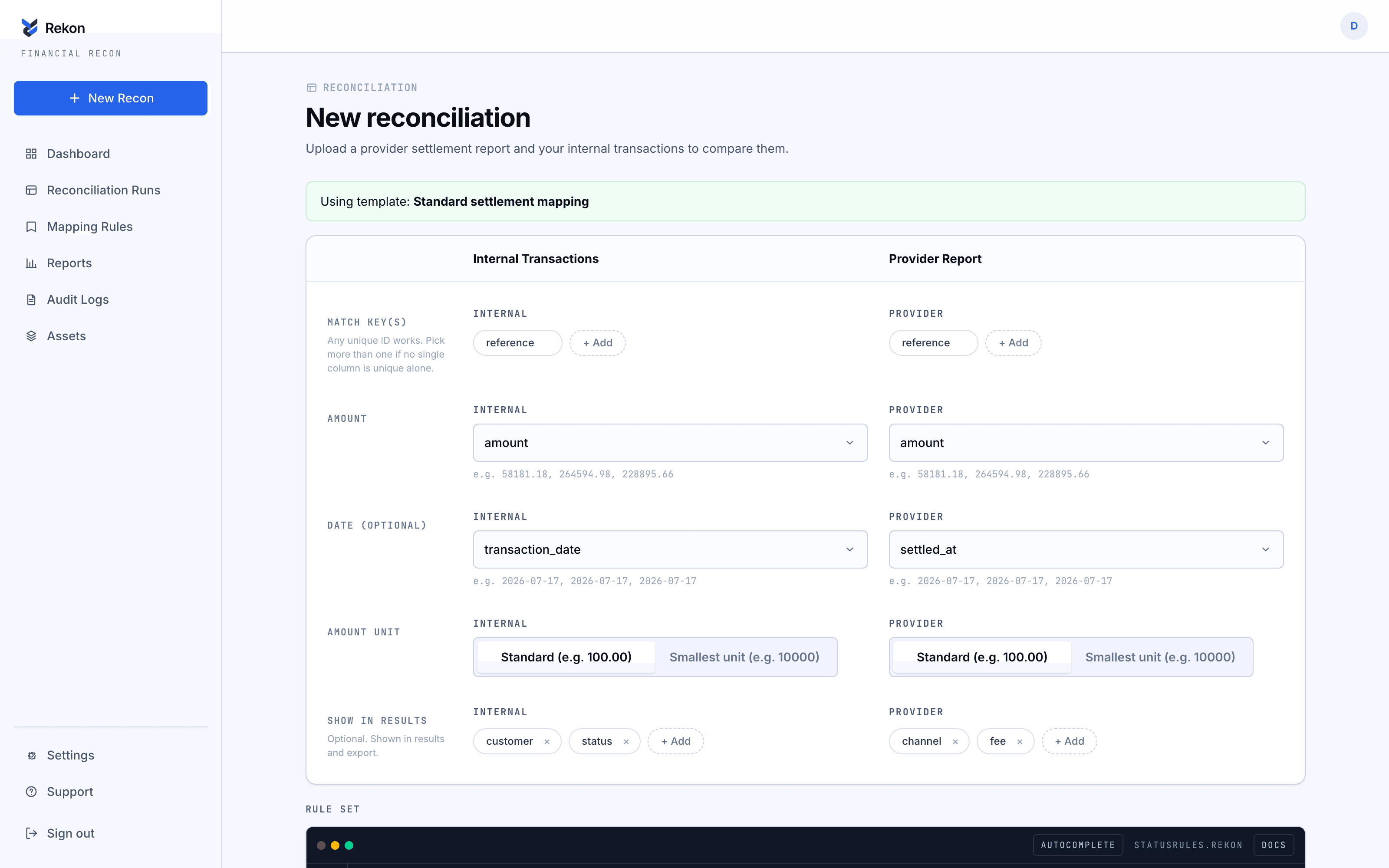 Column mapping step showing match keys, amount columns, and a live preview of uploaded data